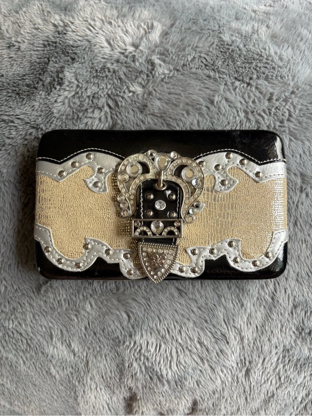 Western Bling Rhinestone Buckle Hard Case Wallet Gold Black Silver Y2K